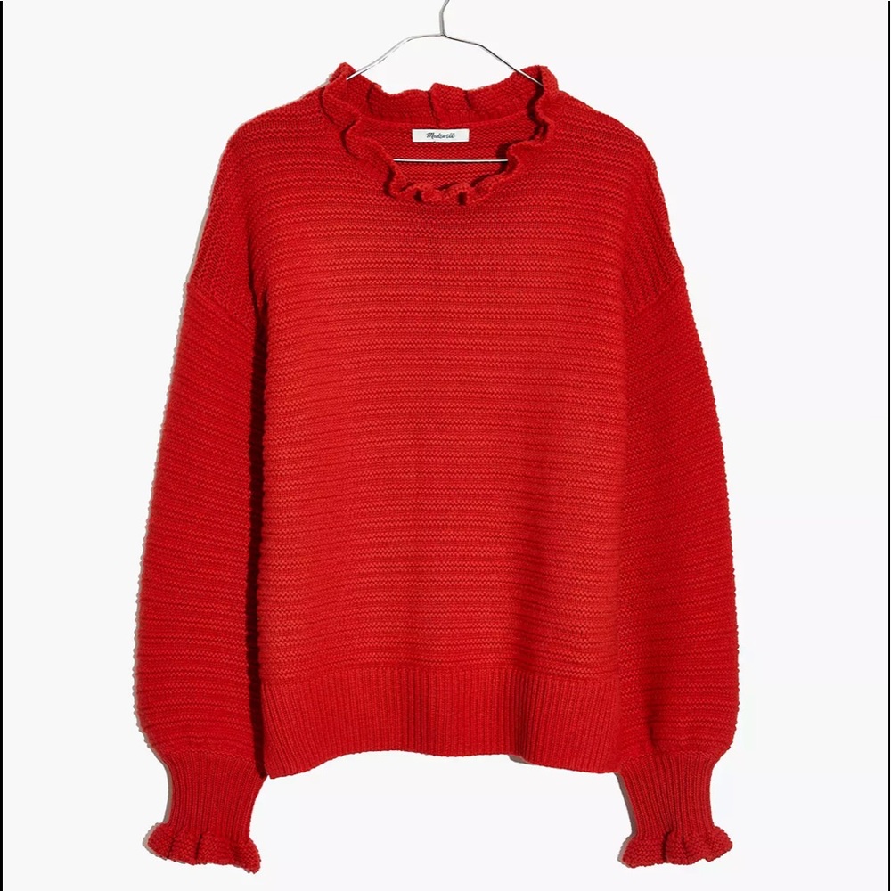 Ruffle-Neck Pullover Sweater in Cotton-Merino Yarn